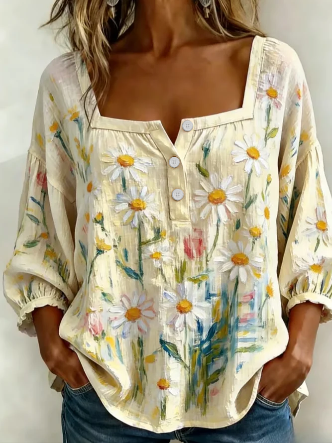 Women Floral Vintage Blouses Square Neck Printing Three Quarter Sleeve Spring/Fall Top-image-17086026
