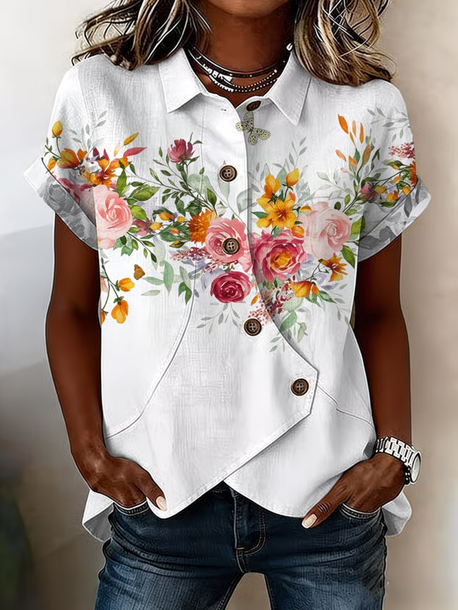 Women Floral Vintage Shirts Shawl Collar Printing Short Sleeve Summer Top-image-17101570