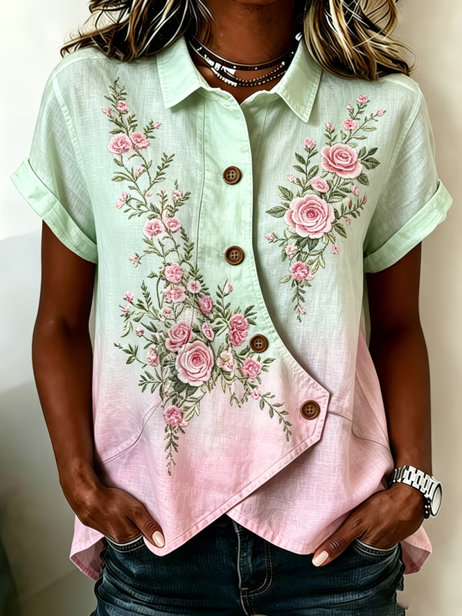 Women Floral Vintage Shirts Shawl Collar Printing Short Sleeve Summer Top-image-17101546