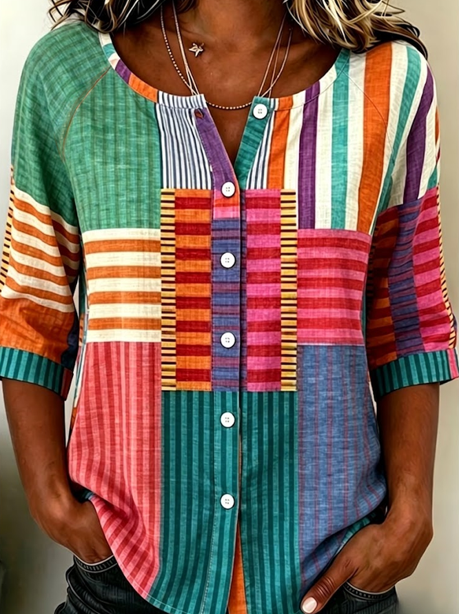 Women Abstract Stripes Casual Shirts Crew Neck Printing Half Sleeve Summer Top-image-17101472