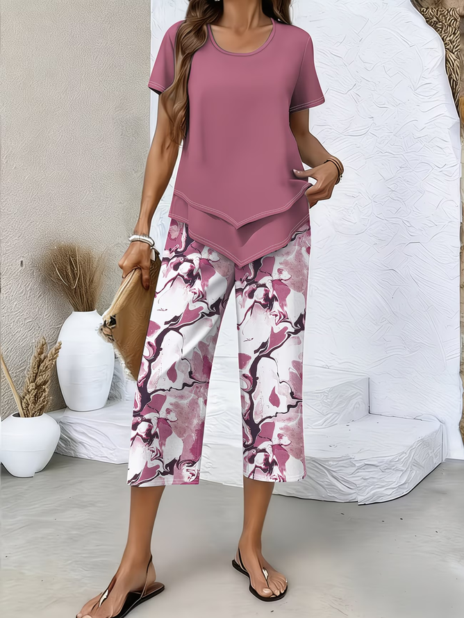Women Abstract Casual Two-Piece Sets Crew Neck Daily Summer Top With Pants-image-17102641