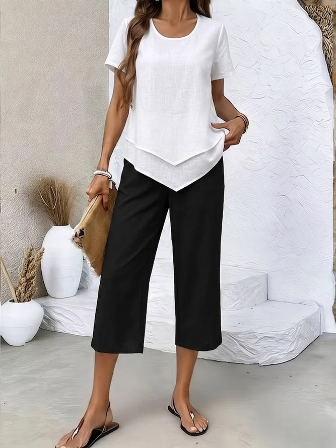 Women Plain Casual Two-Piece Sets Crew Neck Daily Summer Top With Pants-image-17102593