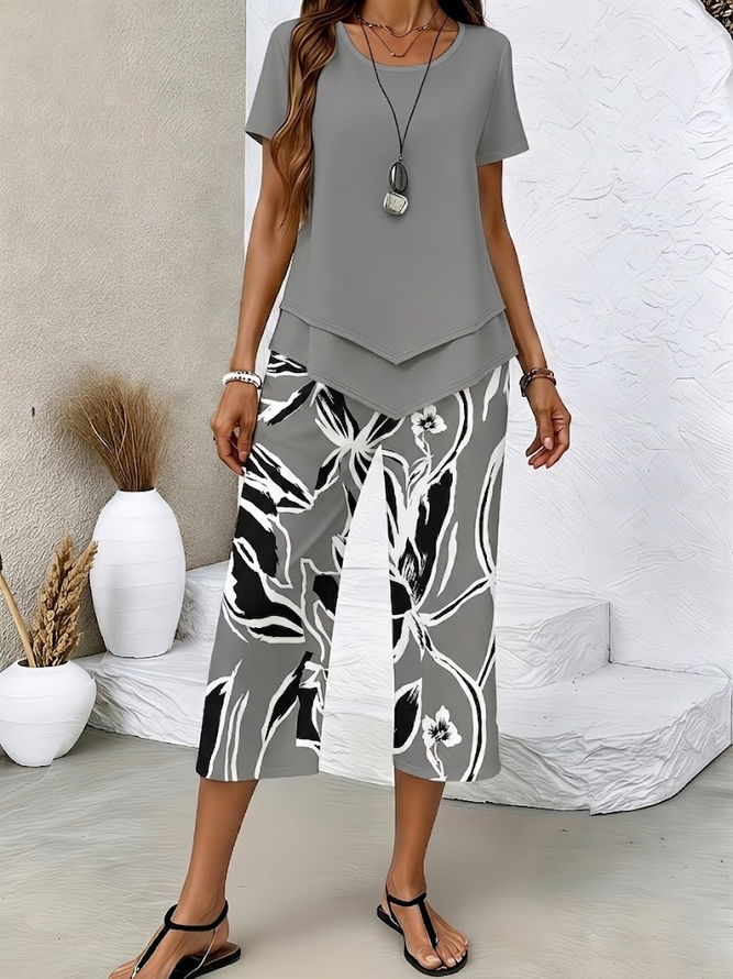 Women Abstract Casual Two-Piece Sets Crew Neck Daily Summer Top With Pants-image-17102605