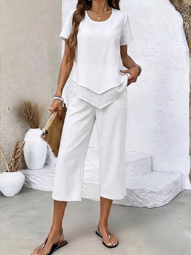 Women Plain Casual Two-Piece Sets Crew Neck Daily Summer Top With Pants-image-17102581