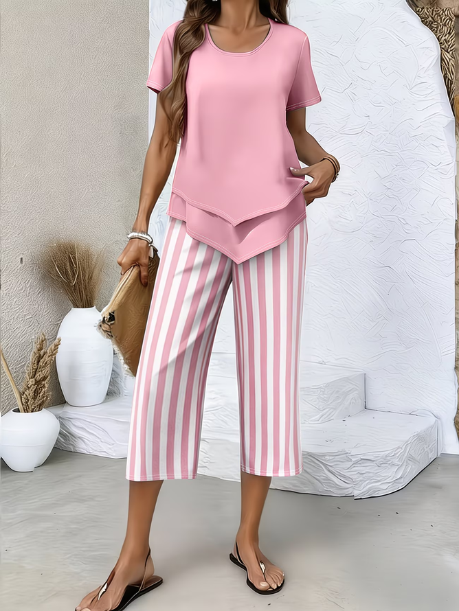 Women Striped Casual Two-Piece Sets Crew Neck Daily Summer Top With Pants-image-17102665