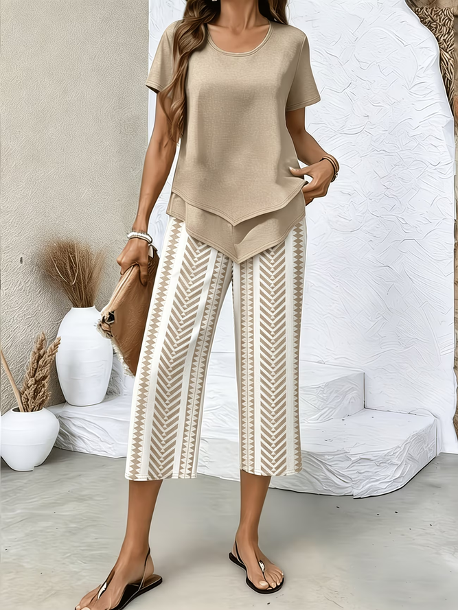 Women Abstract Casual Two-Piece Sets Crew Neck Daily Summer Top With Pants-image-17102617