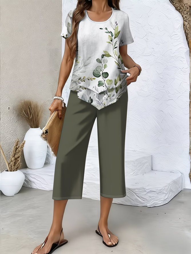 Women Floral Casual Two-Piece Sets Crew Neck Daily Summer Top With Pants-image-17102653