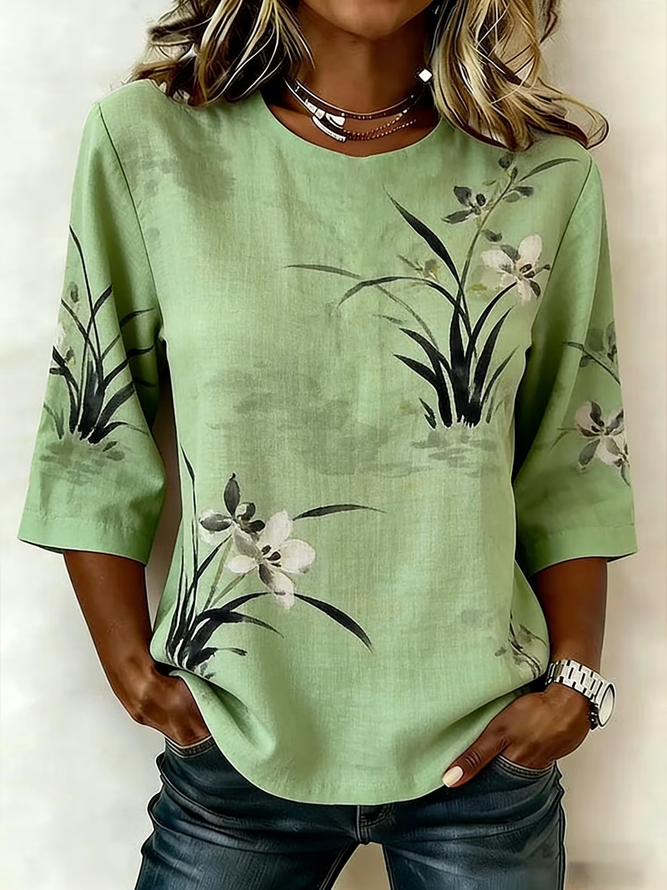 Women Floral Vintage Blouses Crew Neck Printing Half Sleeve Summer Top-image-17102896
