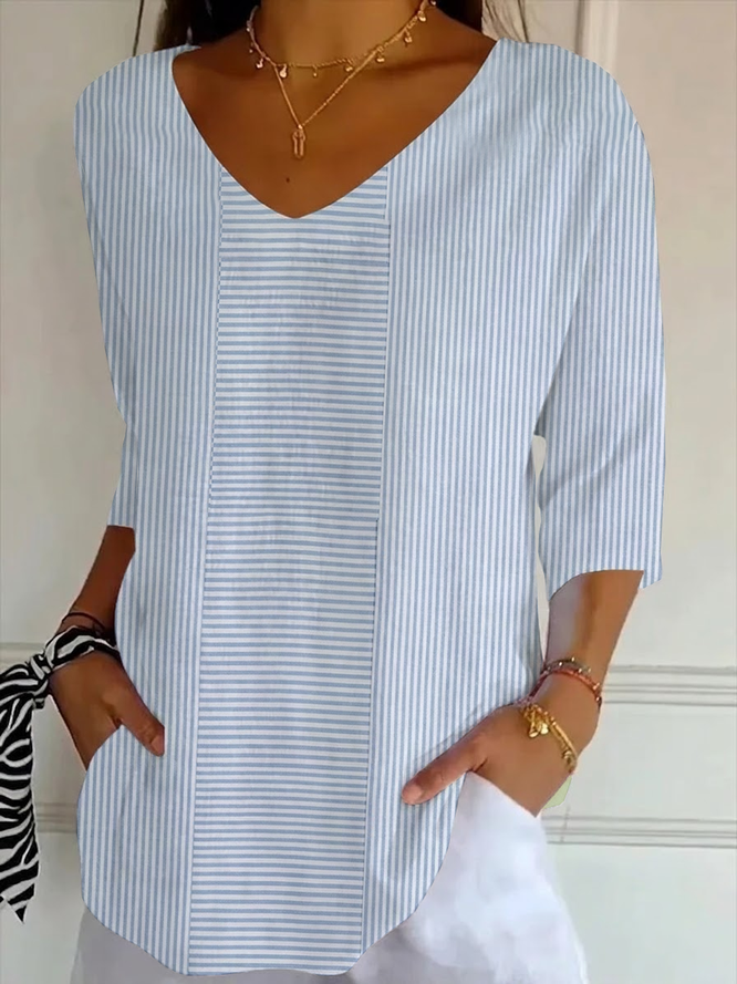 Women Striped Casual Three Quarter Sleeve Tee T-shirt V Neck Spring/Fall Printing Graphic Tee Top-image-17103016