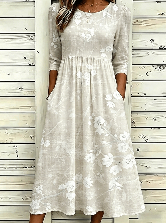 Women Floral A-Line Maxi Crew Neck Vintage Summer Daily Dress-image-17106722
