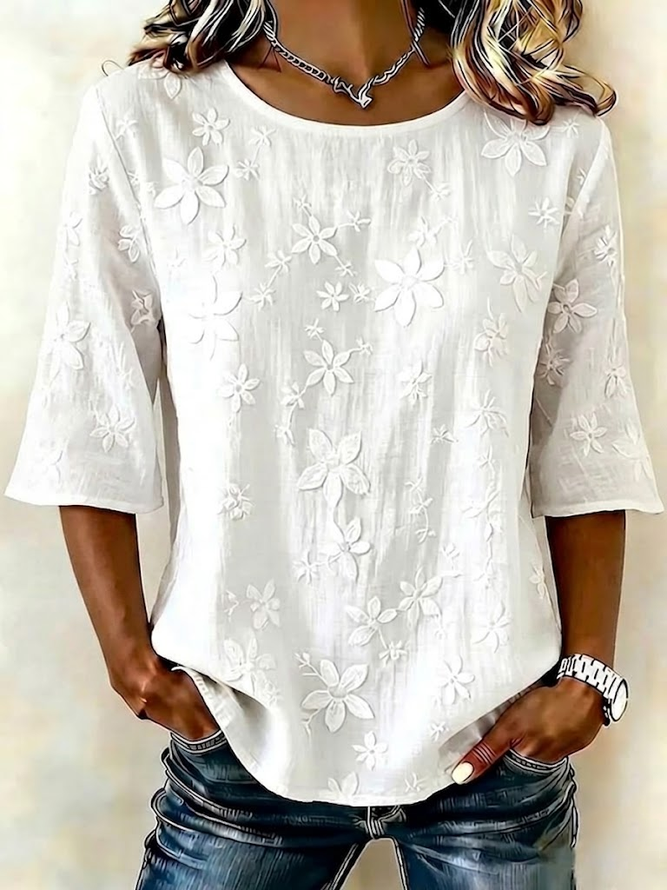 Women Floral Vintage Blouses Crew Neck Printing Half Sleeve Summer Top-image-17102920