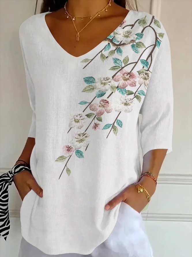 Women Floral Casual Three Quarter Sleeve Tee T-shirt V Neck Spring/Fall Printing Graphic Tee Top-image-17102980