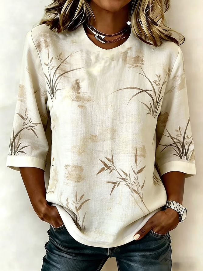 Women Plants Vintage Blouses Crew Neck Printing Half Sleeve Summer Top-image-17102884