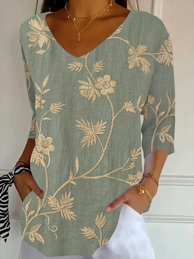 Women Floral Casual Three Quarter Sleeve Tee T-shirt V Neck Spring/Fall Printing Graphic Tee Top-image-17102956