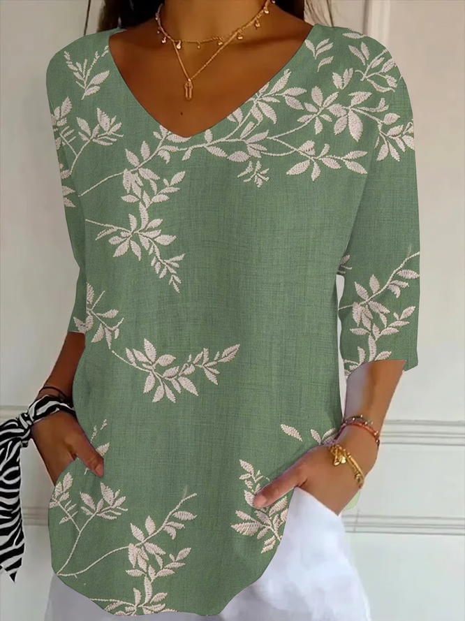 Women Plants Casual Three Quarter Sleeve Tee T-shirt V Neck Spring/Fall Printing Graphic Tee Top-image-17103004