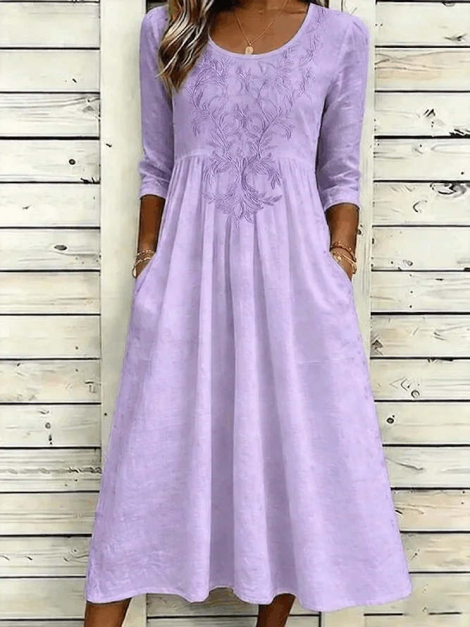 Women Floral A-Line Maxi Crew Neck Vintage Summer Daily Dress-image-17115606