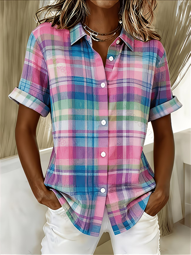 Women Plaid Casual Shirts Shirt Collar Printing Button Up Shirt Short Sleeve Summer Top-image-17102944