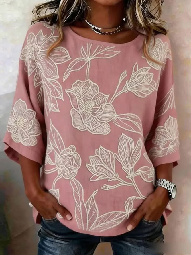 Women Floral Vintage Blouses Crew Neck Printing Half Sleeve Summer Top-image-17102932