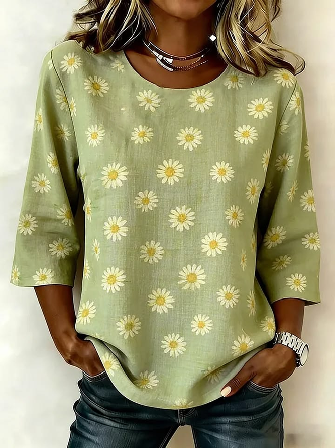 Women Floral Vintage Blouses Crew Neck Printing Half Sleeve Summer Top-image-17102908