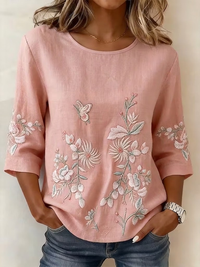 Women Floral Vintage Blouses Crew Neck Printing Half Sleeve Summer Top-image-17103526