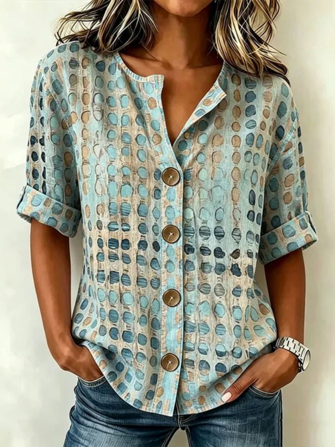Women Geometric Vintage Shirts Stand Collar Three Quarter Sleeve Spring/Fall Top-image-17115594