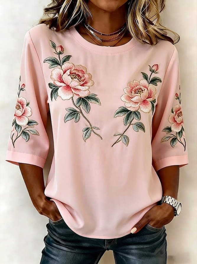 Women Floral Vintage Blouses Crew Neck Printing Half Sleeve Summer Top-image-17103538