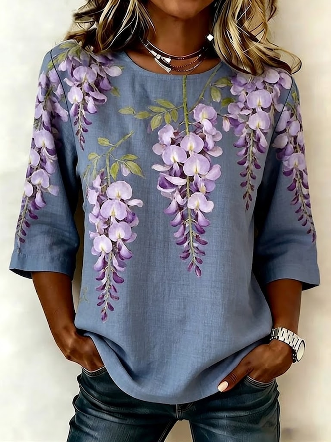 Women Floral Vintage Blouses Crew Neck Printing Half Sleeve Summer Top-image-17103514