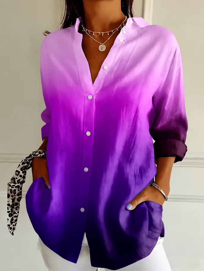 Women Ombre Casual Shirts Shirt Collar Buckle Button Up Shirt Long Sleeve Spring/Fall Top-image-17103562