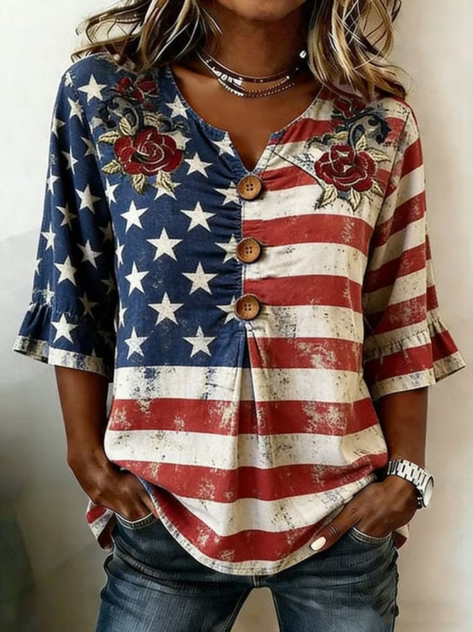 Women Independence Day (Flag) Vintage Blouses V Neck Printing Half Sleeve Summer Top-image-17103550