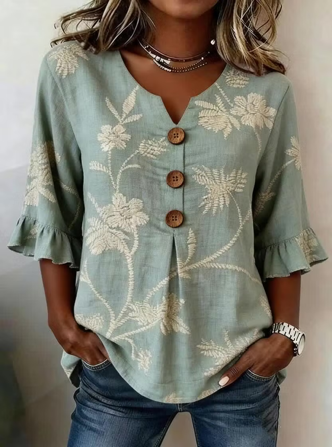 Women Floral Vintage Blouses V Neck Printing Half Sleeve Summer Top-image-17104171