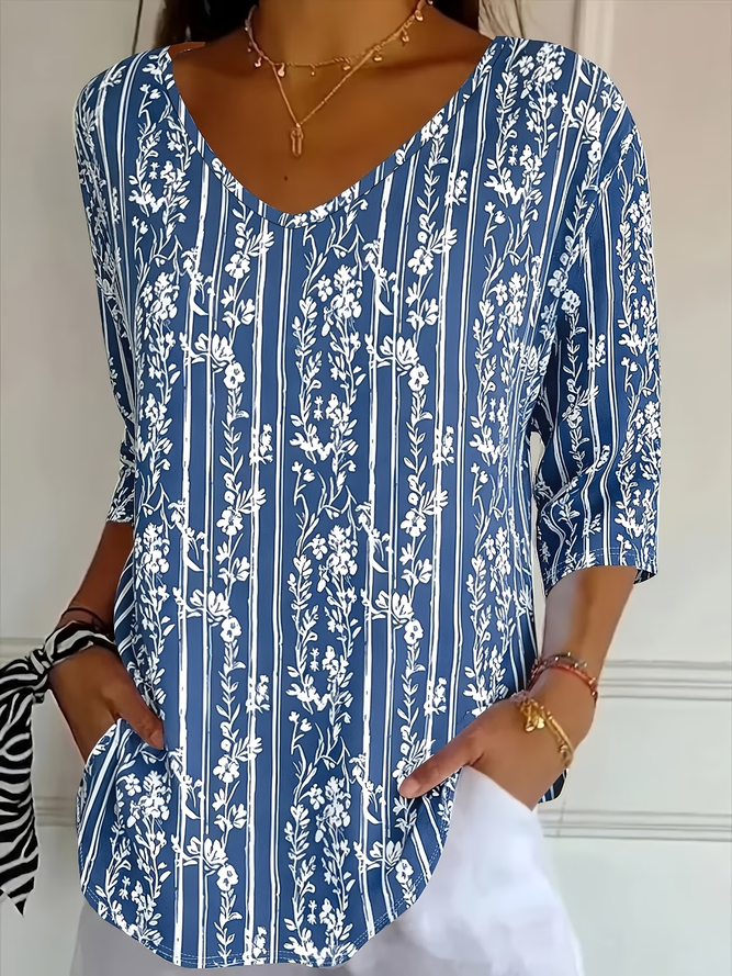 Women Floral Casual Three Quarter Sleeve Tee T-shirt V Neck Spring/Fall Printing Graphic Tee Top-image-17104111
