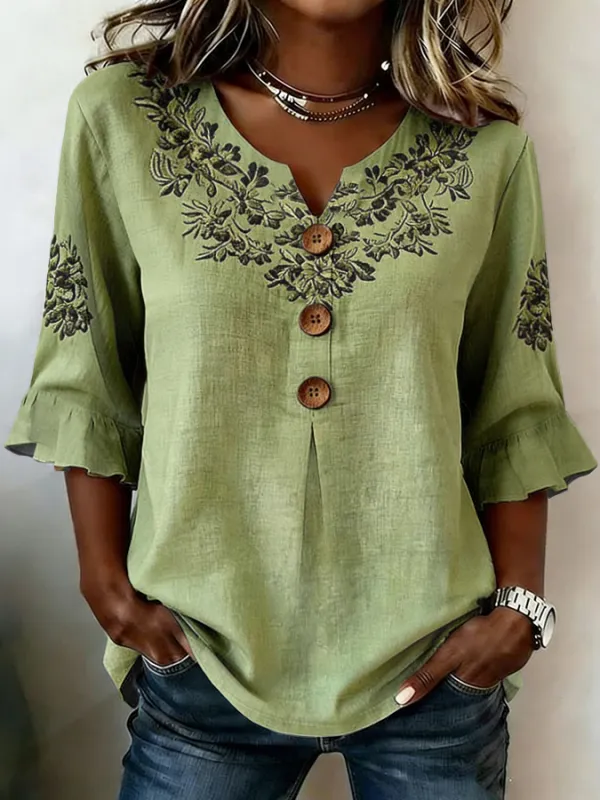Women Floral Vintage Blouses V Neck Printing Half Sleeve Summer Top-image-17104159