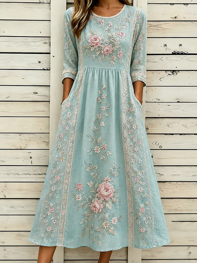 Women Floral H-Line Maxi Crew Neck Casual Summer Daily Dress-image-17104027
