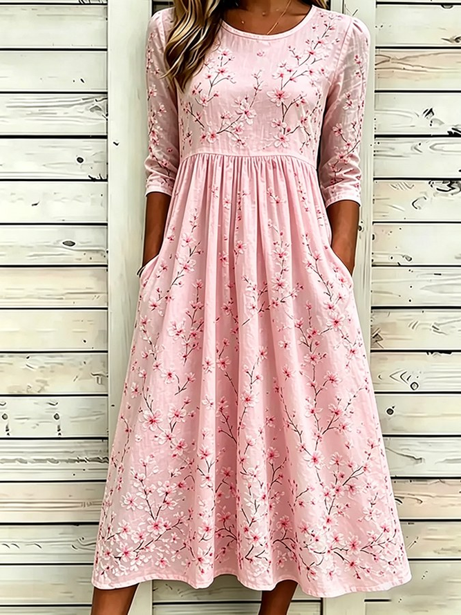 Women Floral H-Line Maxi Crew Neck Casual Summer Daily Dress-image-17104015