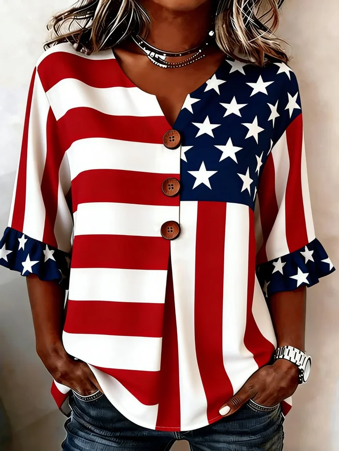 Women Independence Day (Flag) Vintage Blouses V Neck Printing Half Sleeve Summer Top-image-17104147