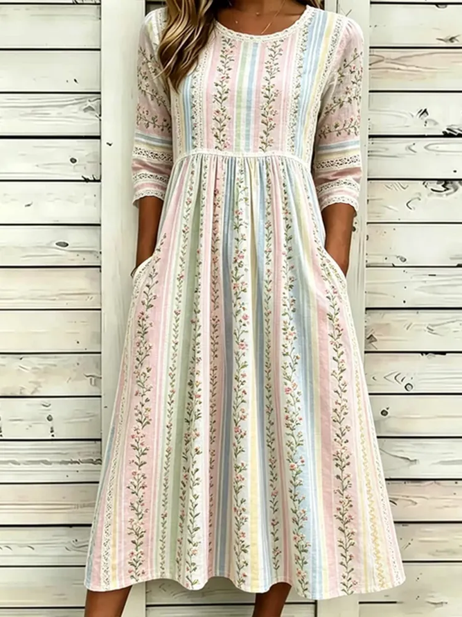 Women Floral H-Line Maxi Crew Neck Casual Summer Daily Dress-image-17104039