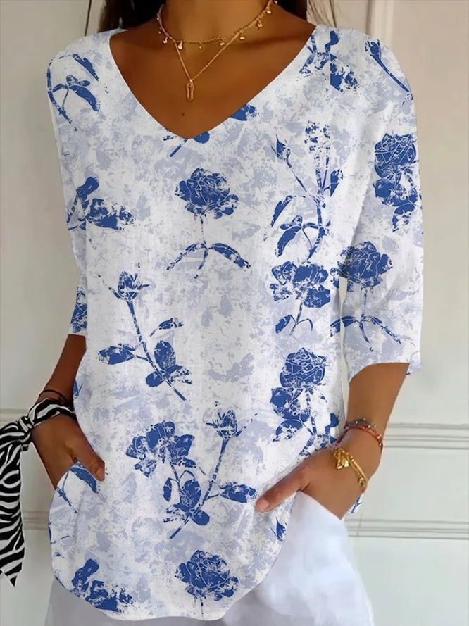 Women Floral Casual Three Quarter Sleeve Tee T-shirt V Neck Spring/Fall Printing Graphic Tee Top-image-17104075