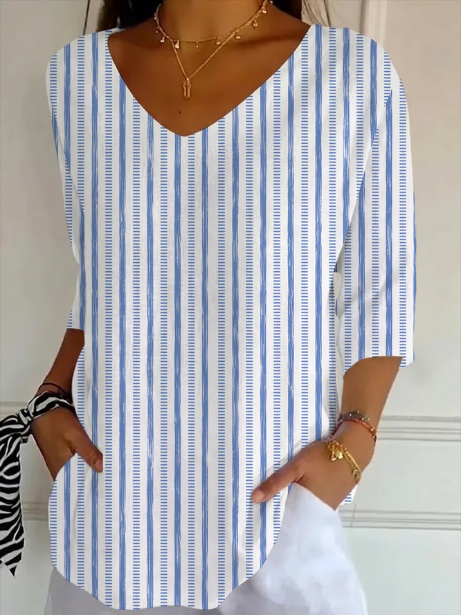 Women Striped Casual Three Quarter Sleeve Tee T-shirt V Neck Spring/Fall Printing Graphic Tee Top-image-17104087