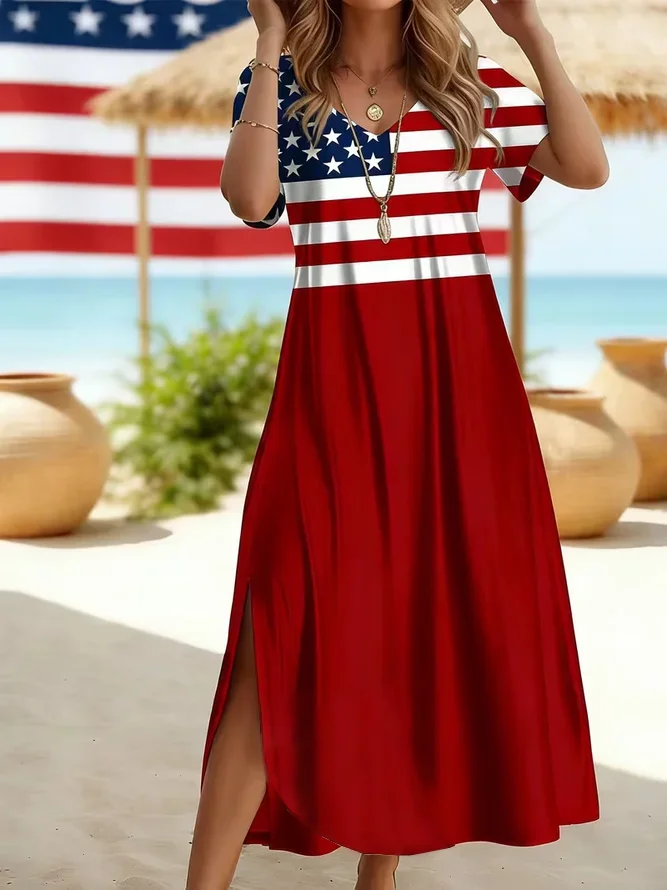 Women Independence Day (Flag) H-Line Maxi Crew Neck T-Shirt Dress Casual Summer Daily Dress-image-17085900