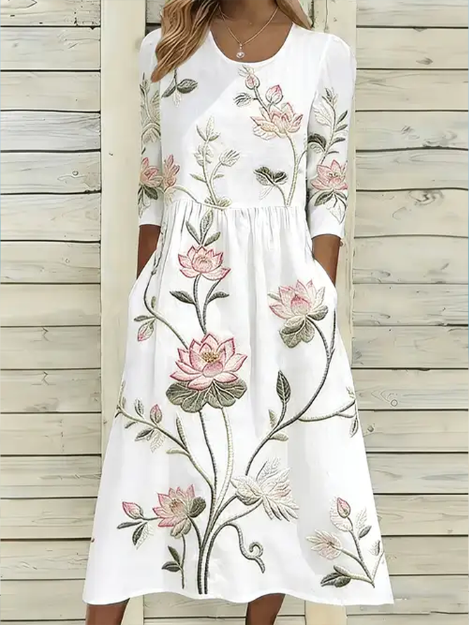 Women Floral H-Line Maxi Crew Neck Casual Summer Daily Dress-image-17104003