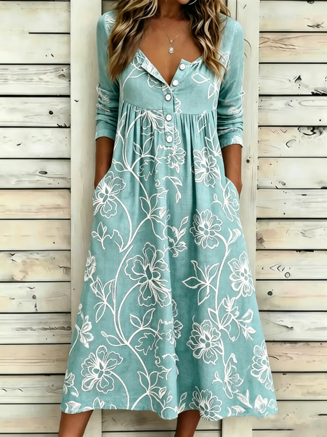 Women Floral A-Line Maxi Half Open Collar Vintage Summer Daily Dress-image-17098186