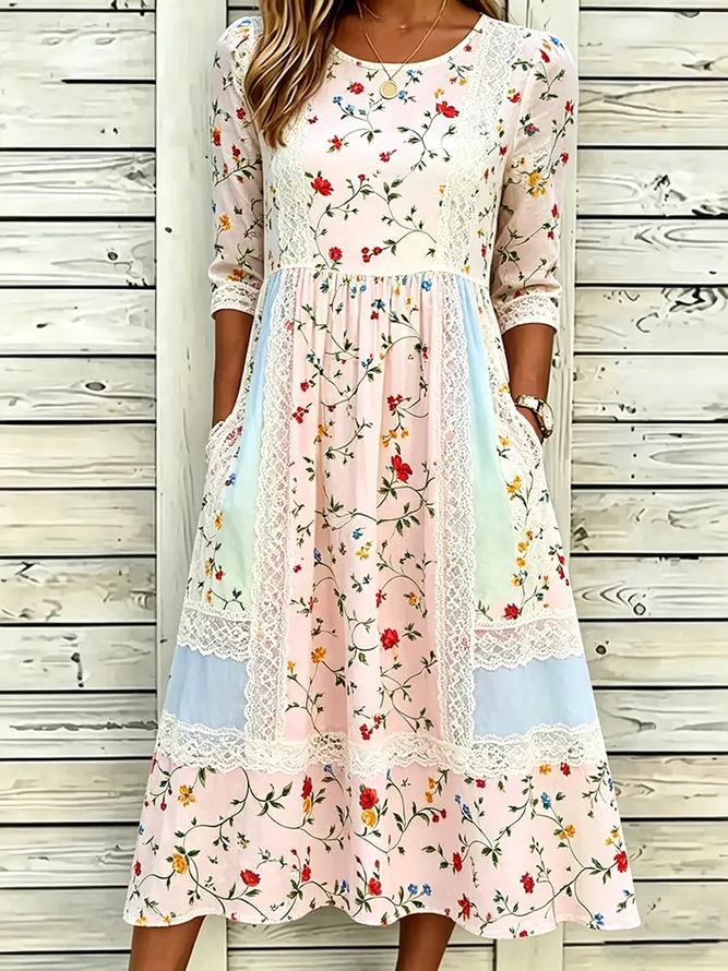 Women Floral H-Line Maxi Crew Neck Casual Summer Daily Dress-image-17105249