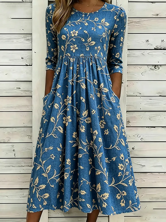 Women Floral H-Line Maxi Crew Neck Casual Summer Daily Dress-image-17105213
