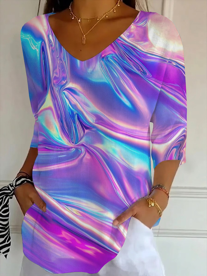 Women Abstract Casual Three Quarter Sleeve Tee T-shirt V Neck Spring/Fall Printing Graphic Tee Top-image-17105153