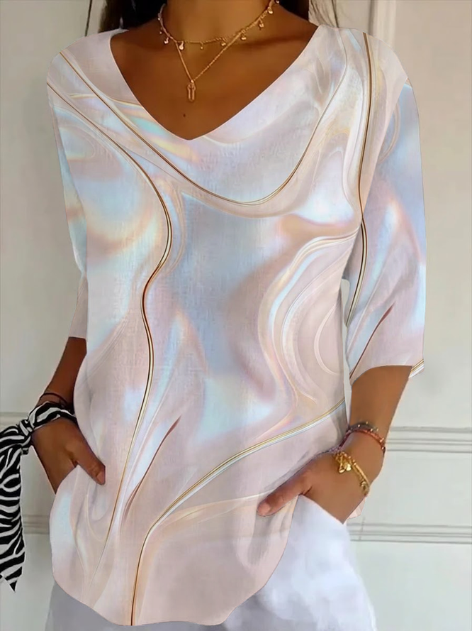 Women Abstract Casual Three Quarter Sleeve Tee T-shirt V Neck Spring/Fall Printing Graphic Tee Top-image-17105189