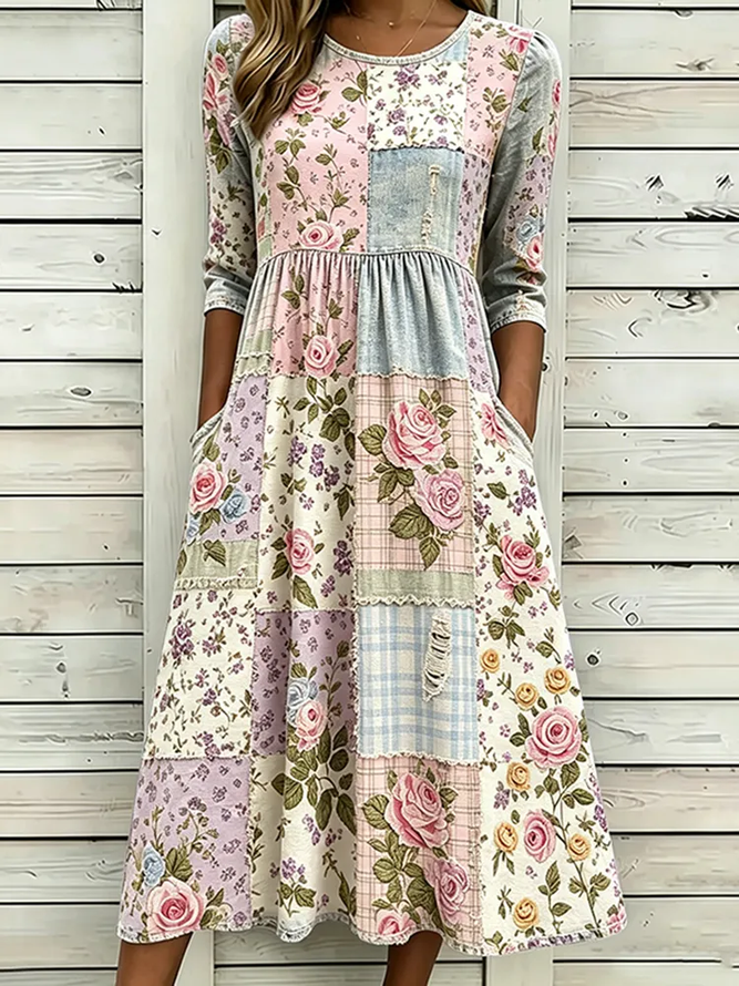 Women Floral H-Line Maxi Crew Neck Casual Summer Daily Dress-image-17105237