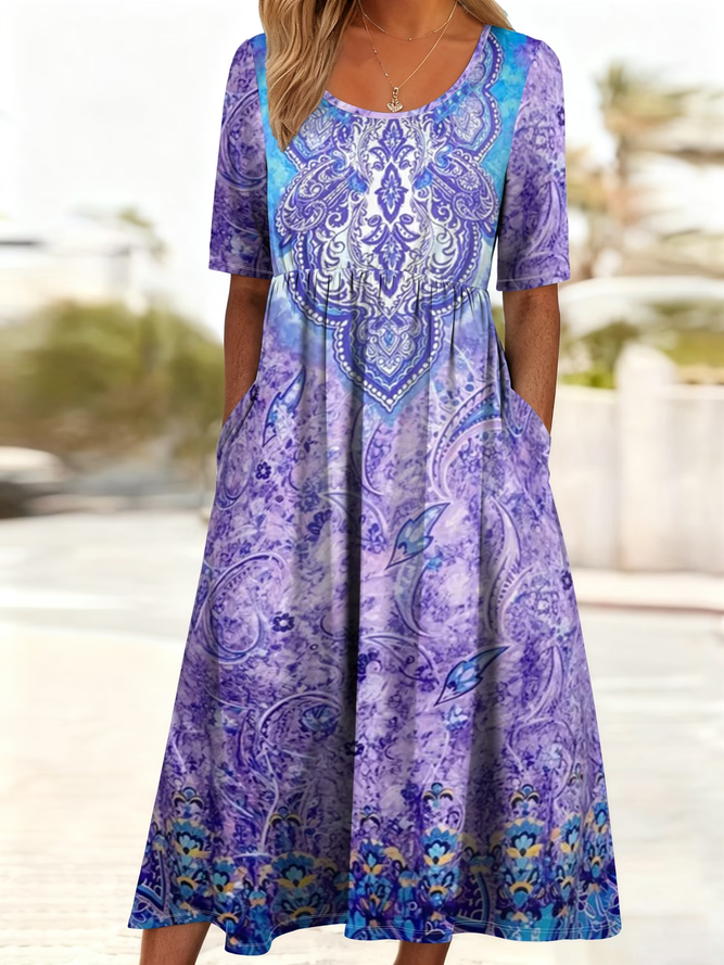 Women Abstract H-Line Maxi Crew Neck Casual Summer Daily Dress-image-17106387