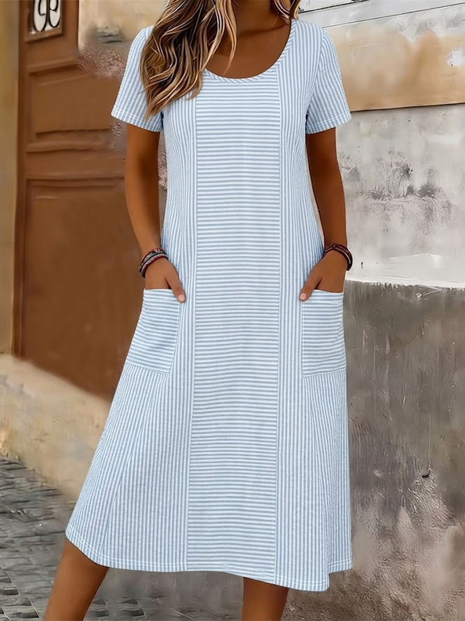 Women Striped H-Line Maxi Crew Neck T-Shirt Dress Casual Summer Daily Dress-image-17107040