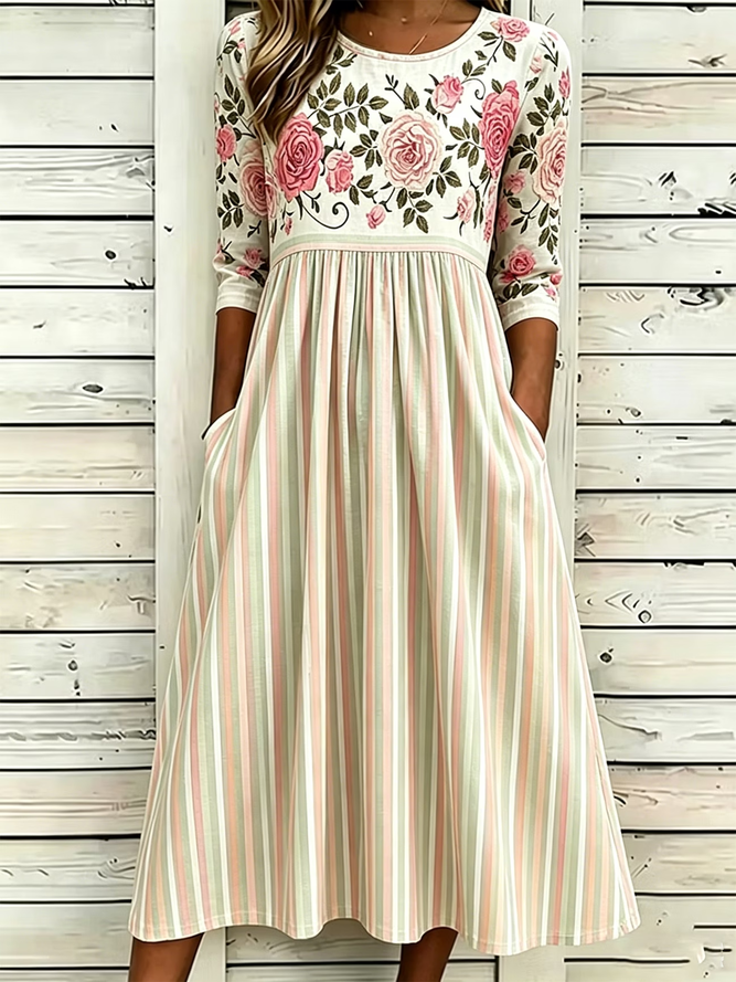 Women Floral H-Line Maxi Crew Neck Casual Summer Daily Dress-image-17106365