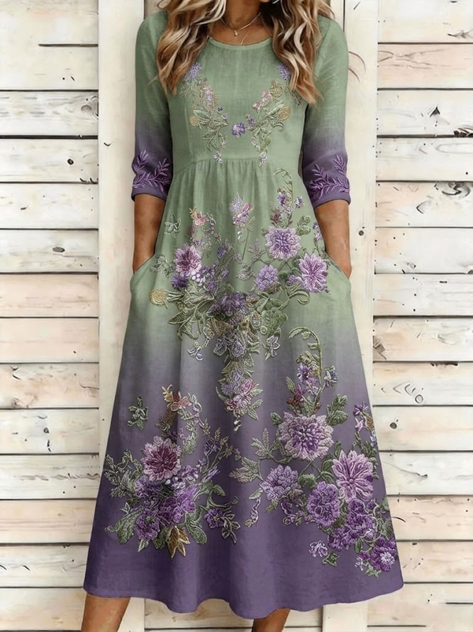 Women Floral H-Line Maxi Crew Neck Vintage Summer Daily Dress-image-17112965